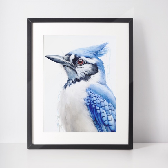 Watercolor Blue Jay Bird Portrait Wall Art Illustration Print Poster Unframed - Picture 3 of 5